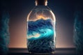 Close-up of a small bottle with blue wave inside, ai generated