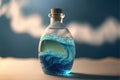 Close-up of a small bottle with blue wave inside, ai generated