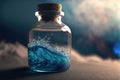 Close-up of a small bottle with blue wave inside, ai generated