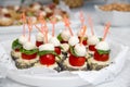 Close up of small canapes arranged on a plate over light background Royalty Free Stock Photo
