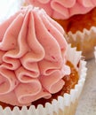 Close up of a small creamy cupcake.