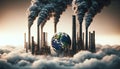 Close-up of a small Earth surrounded by towering factory smokestacks that dwarf the planet, thick dark smoke billowing Royalty Free Stock Photo