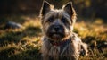 A close-up of a small, fluffy dog sitting on grass with a warm, blurred background Royalty Free Stock Photo