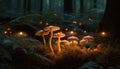 Close up of small glowing toadstool in forest generated by AI