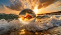 Small Goldfish in a Crystal Sphere in the Stormy Sea - Generative Ai Royalty Free Stock Photo