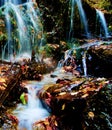 Waterfall Flowing Around Large Boulders in Autumn