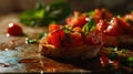 A close up of a small piece of bread with tomatoes and basil, AI Royalty Free Stock Photo