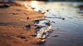 A close up of a small puddle on the beach with water running into it, AI