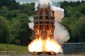 close-up of a small-scale rocket engine test firing