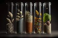 close-up of small test tubes with different seeds, each in its own tube