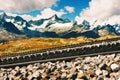 Close up of small train railways in mountains