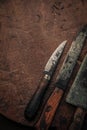 Close up of small utility knives on top of rustic old chopping board Royalty Free Stock Photo