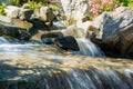Close-up of a small waterfall showing motion in a japanese style garden Royalty Free Stock Photo