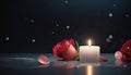 Close-up with small white candle lit and red rose flower with blurred, dark background Royalty Free Stock Photo