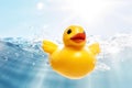 Close-up of a small yellow duck in clear water. Cute children rubber toy and water splashes. Created using generative AI Royalty Free Stock Photo