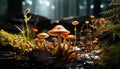 Close up of a small, yellow toadstool in the uncultivated forest generated by AI