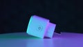 Close up smart plug. 220V or 110V wifi socket power outlet white table with nice light. Royalty Free Stock Photo