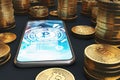 Blue screen smartphone, bitcoins