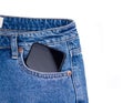 Close up of smartphone in blue jeans front pocket business fashion Stylish screen copy space