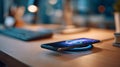 Modern Smartphone Charging Wirelessly on Desk, Showcasing Advanced Technology Royalty Free Stock Photo