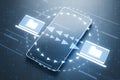 Close up of smartphone with creative digital data transfer and exchange folders on dark background. Backup data, virtual document Royalty Free Stock Photo