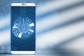 Close up of smartphone with creative round digital key hologram on blurry background. Concept of cyber security or private key, Royalty Free Stock Photo