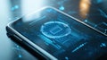 Close-up of smartphone with digital holographic interface on screen. 2fa authentication login