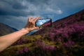 Close-up of smartphone in hand. Unknown woman using a gadget takes photos of a mountain slope covered with pink flowers.