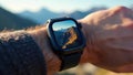 Close up smartwatch showing mountain panorama during trek, outdoor, hike, UI