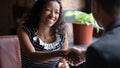 Close up smiling African American woman shaking executive hand Royalty Free Stock Photo