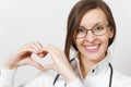 Close up smiling attractive doctor woman with stethoscope, glasses isolated on white background. Female doctor in Royalty Free Stock Photo