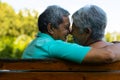 Close-up of smiling biracial senior couple looking at each other while sitting on bench in park Royalty Free Stock Photo