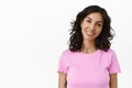 Close up of smiling brunette israeli woman, pierced nose and happy smile, looking confident and healthy, got vaccinated