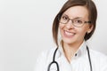 Close up smiling confident experienced beautiful young doctor woman with stethoscope, glasses isolated on white Royalty Free Stock Photo