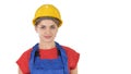 Smiling constructor worker woman standing and changing poses Fol