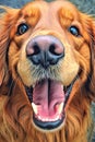 close-up of a smiling dogs face and eyes