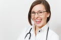 Close up smiling fun beautiful young doctor woman with stethoscope, glasses isolated on white background. Female doctor Royalty Free Stock Photo