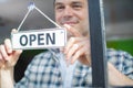 Close Up Of Smiling Male Small Business Owner Turning Around Open Sign On Shop Or Store Window Or Door