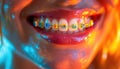 Close-up of smiling mouth with colorful braces Royalty Free Stock Photo