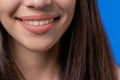 Close-up smiling mouth of woman. Perfect white healthy teeth. Emotional fun and joy lifestyle. Dental care, lips Royalty Free Stock Photo