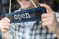 Close Up Of Smiling Small Business Owner Turning Around Open Sign On Shop Or Store Window Or Door