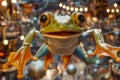 Close up of a Smiling Tree Frog Hanging on Glass with Blurred Lights in Background Royalty Free Stock Photo