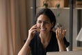 Close up smiling woman in glasses making phone call Royalty Free Stock Photo