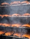 Smoke rising around a slow cooked beef brisket on a smoker barbecue grilling concept Royalty Free Stock Photo