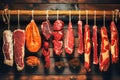 Close-up of smoked or cured meat. Dry-cured meat and ham suspended on a rope. Fresh meat products. Homemade farm production