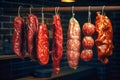 Close-up of smoked or cured meat. Dry-cured meat and ham suspended on a rope. Fresh meat products. Homemade farm production