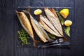 Close-up of smoked mackerel, top view