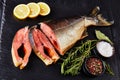 Close-up of smoked wild salmon, top view Royalty Free Stock Photo