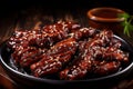 Close up of smoky and tender sliced barbecue pork ribs, highlighting the flavorful seasoning
