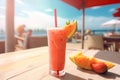 Close up of smoothie frappe fruits juice with other fruits, strawberries, orange, pineapple, sorbet, and peach on wooden table at Royalty Free Stock Photo